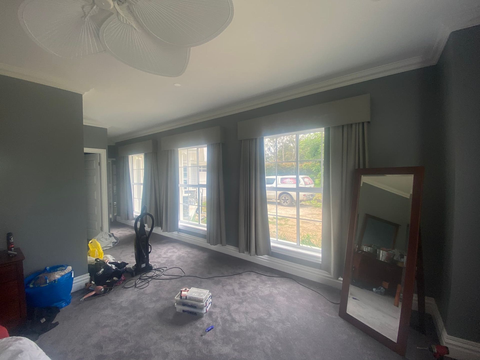 Windows With Long Gray Curtains — Window Coverings in Exeter, NSW