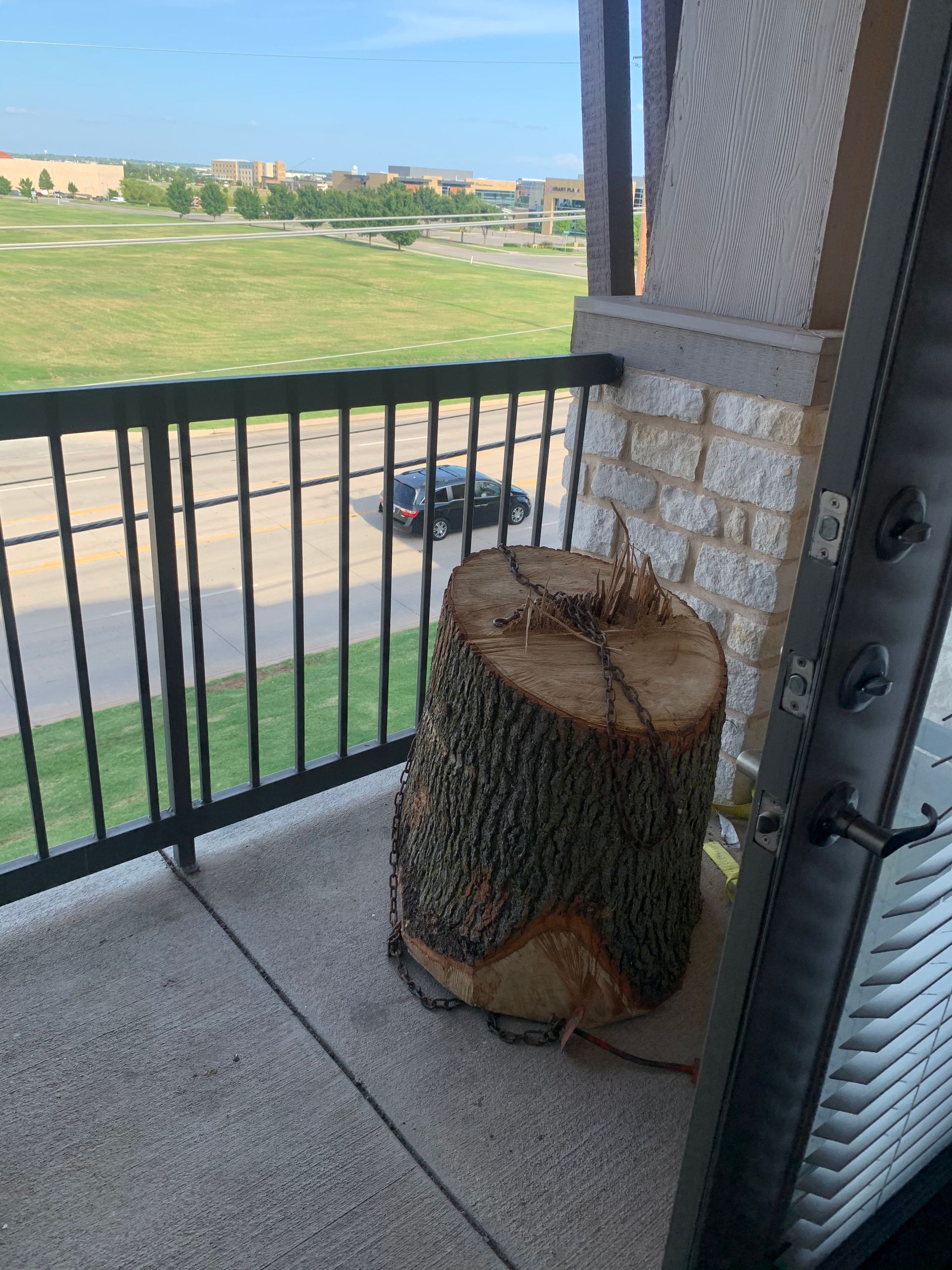 A large, rough-barked tree stump secured with metal chains sits on a residential balcony overlooking a green field.