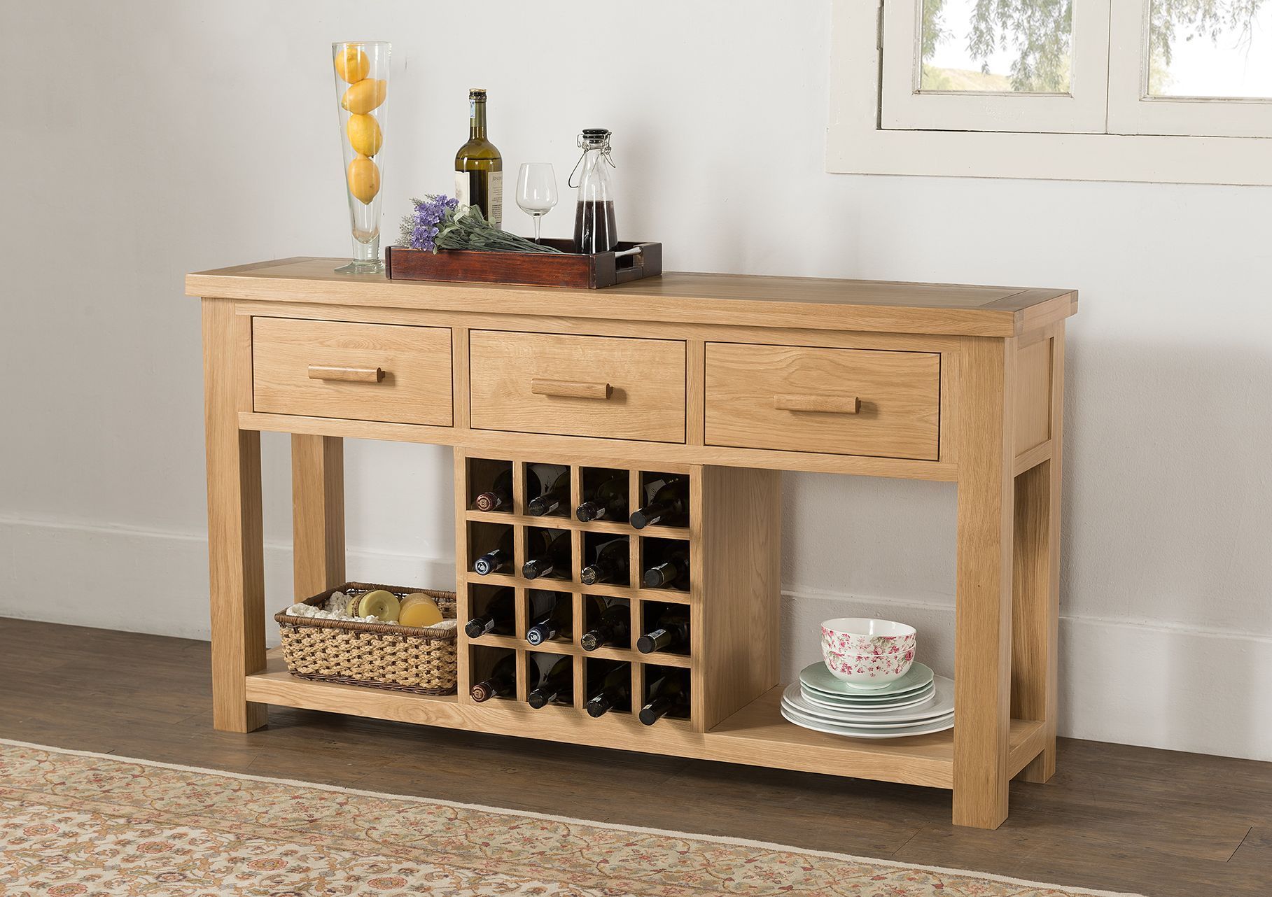 Valencia Oak Open Sideboard with Wine Rack