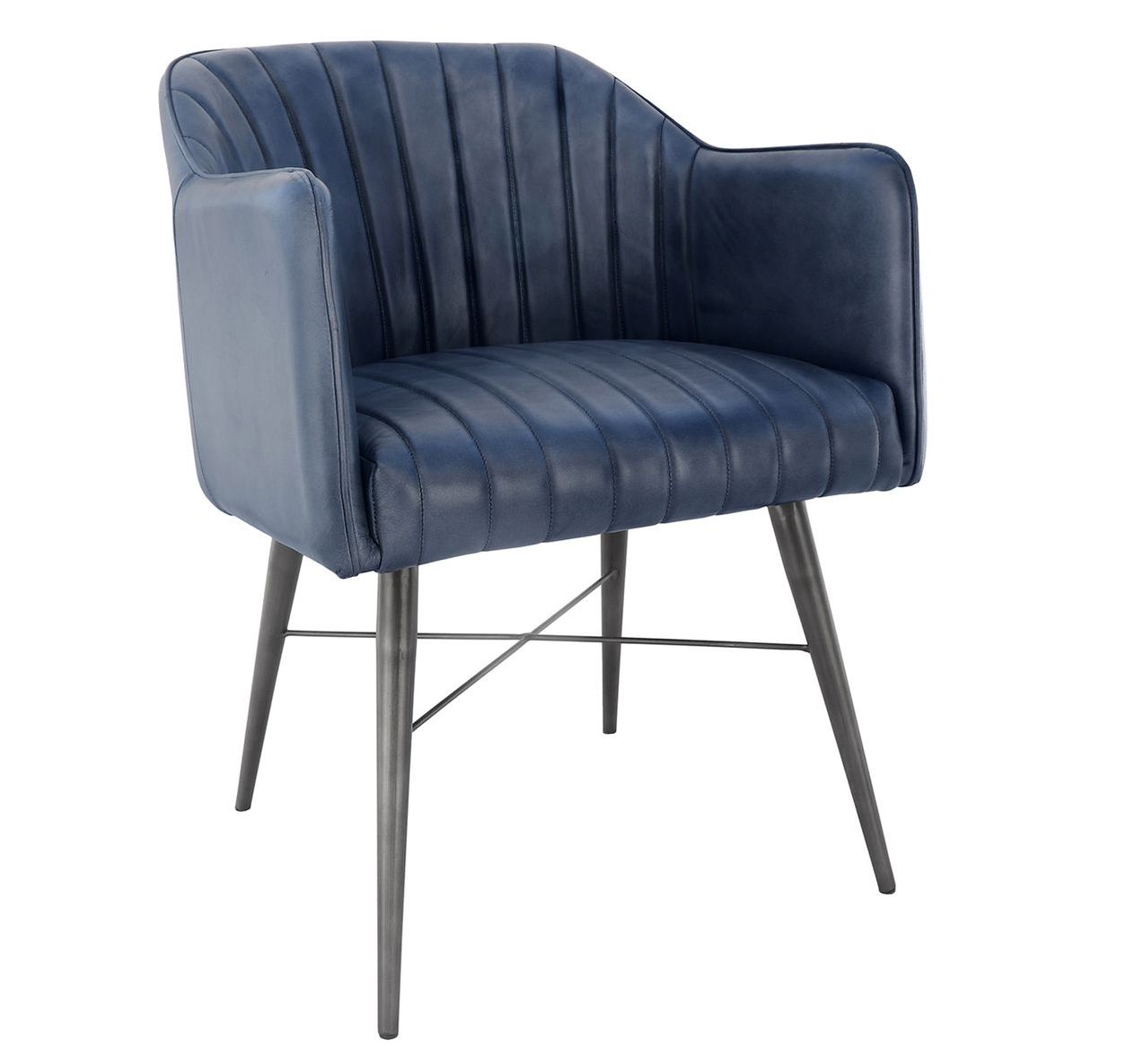 Blue Real Leather Carver Tub with Antique Black Metal Frame