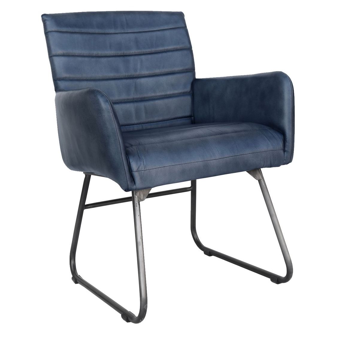 Blue Real Leather Chair with Antique Black Metal Frame