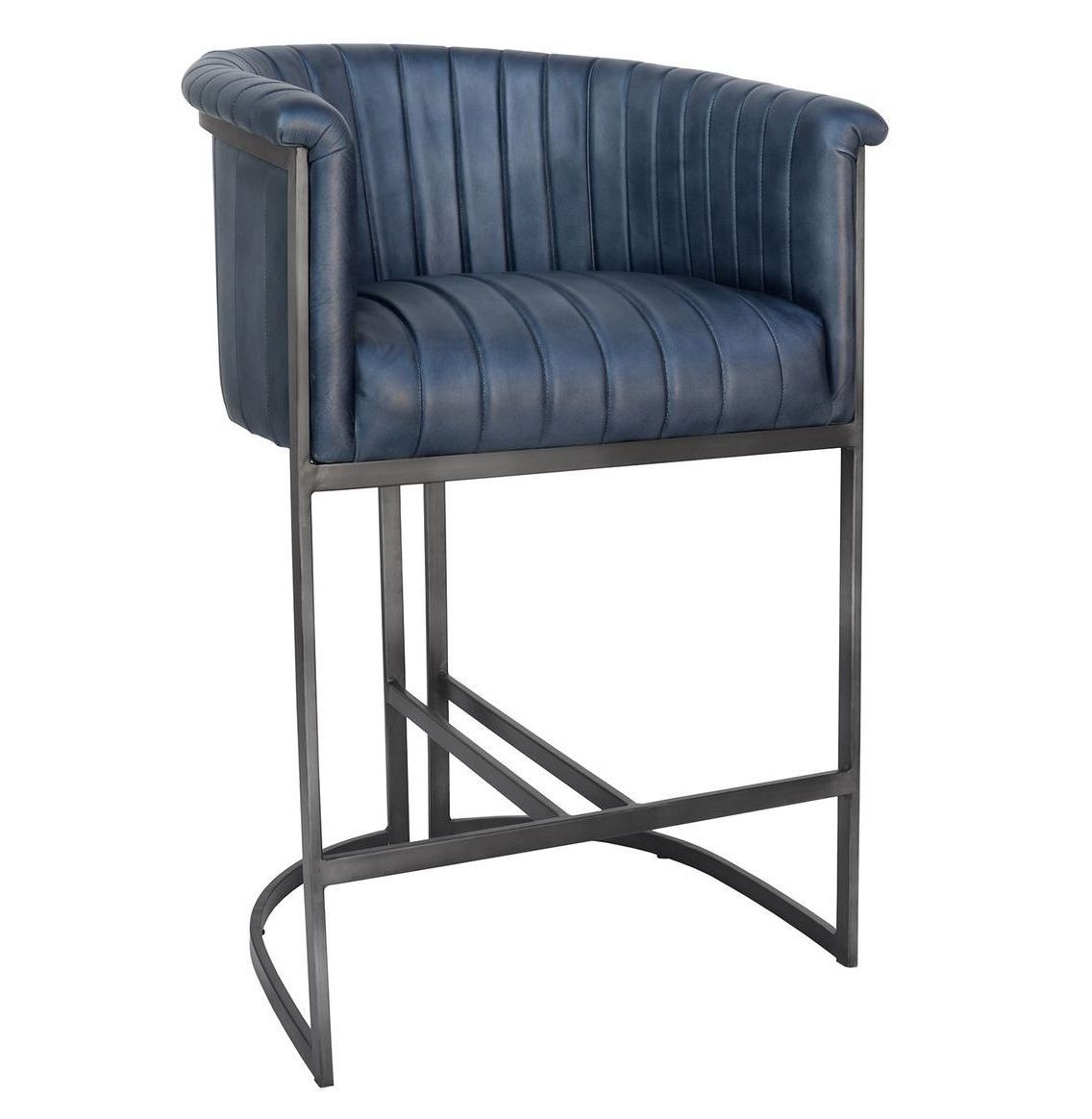 Blue Real Leather Bar Chair with Antique Black Metal Frame