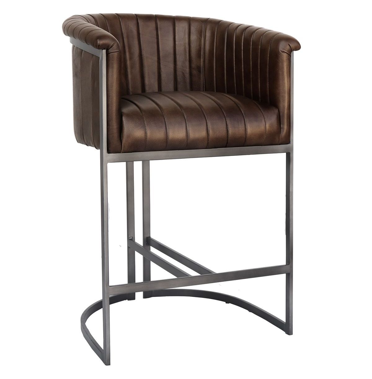 Brown Real Leather Bar Chair with Antique Black Metal Frame