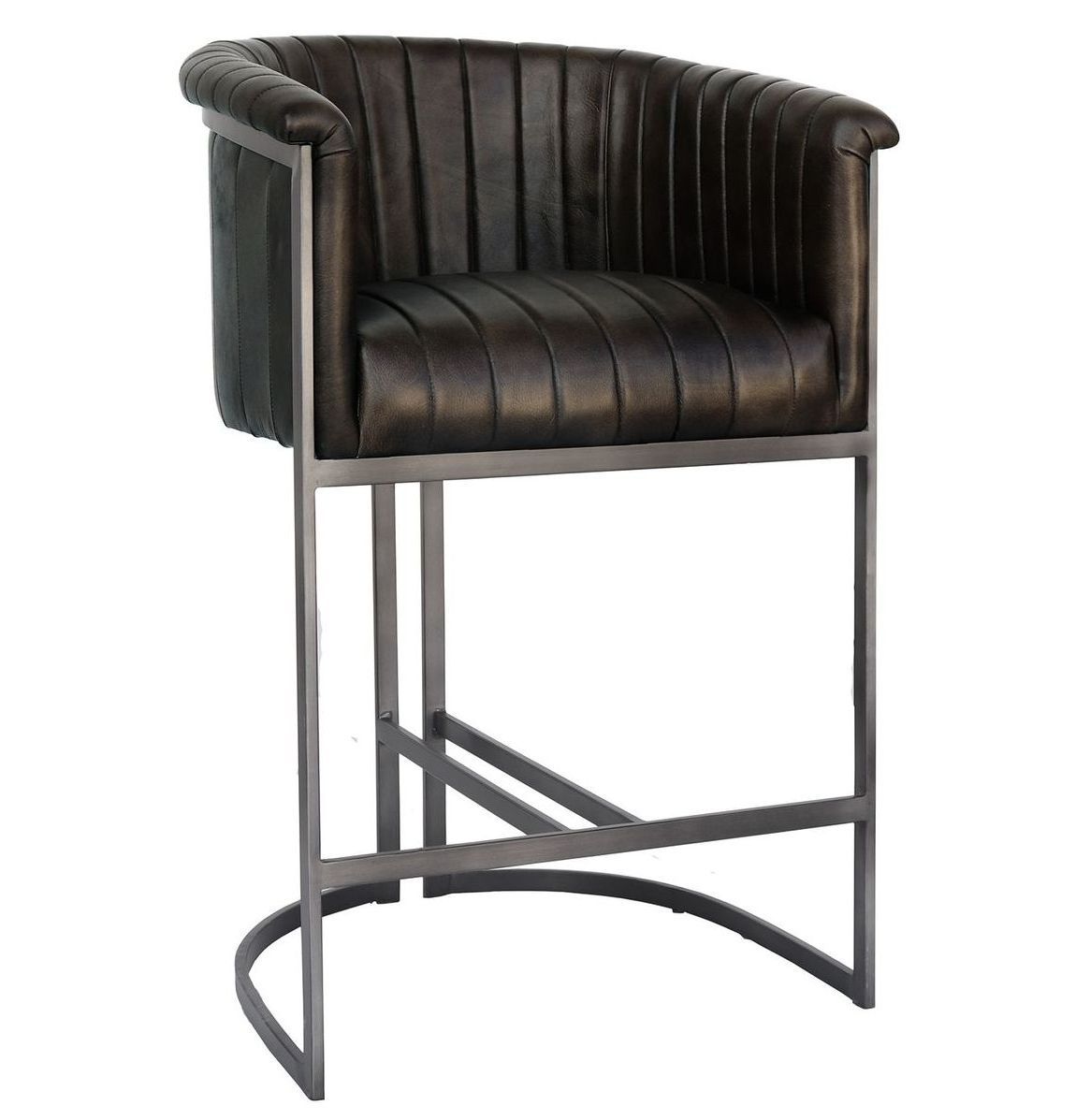 Light Grey Real Leather Bar Chair with Antique Black Metal Frame