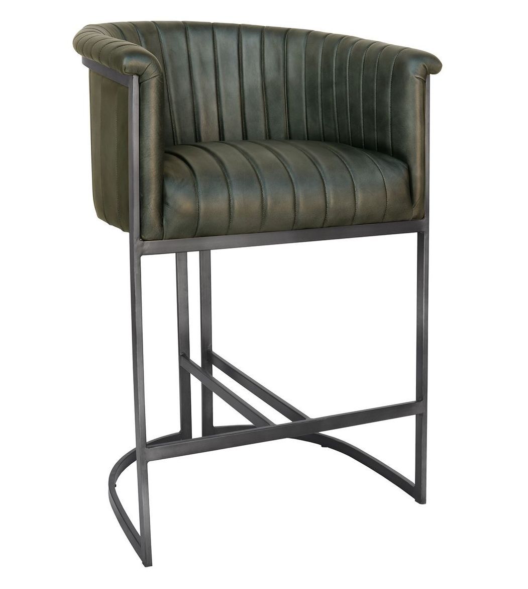 Light Grey Real Leather Bar Chair with Antique Black Metal Frame