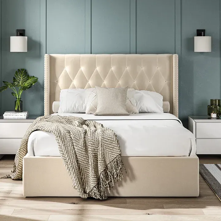 Beige Fabric Bed Ottoman