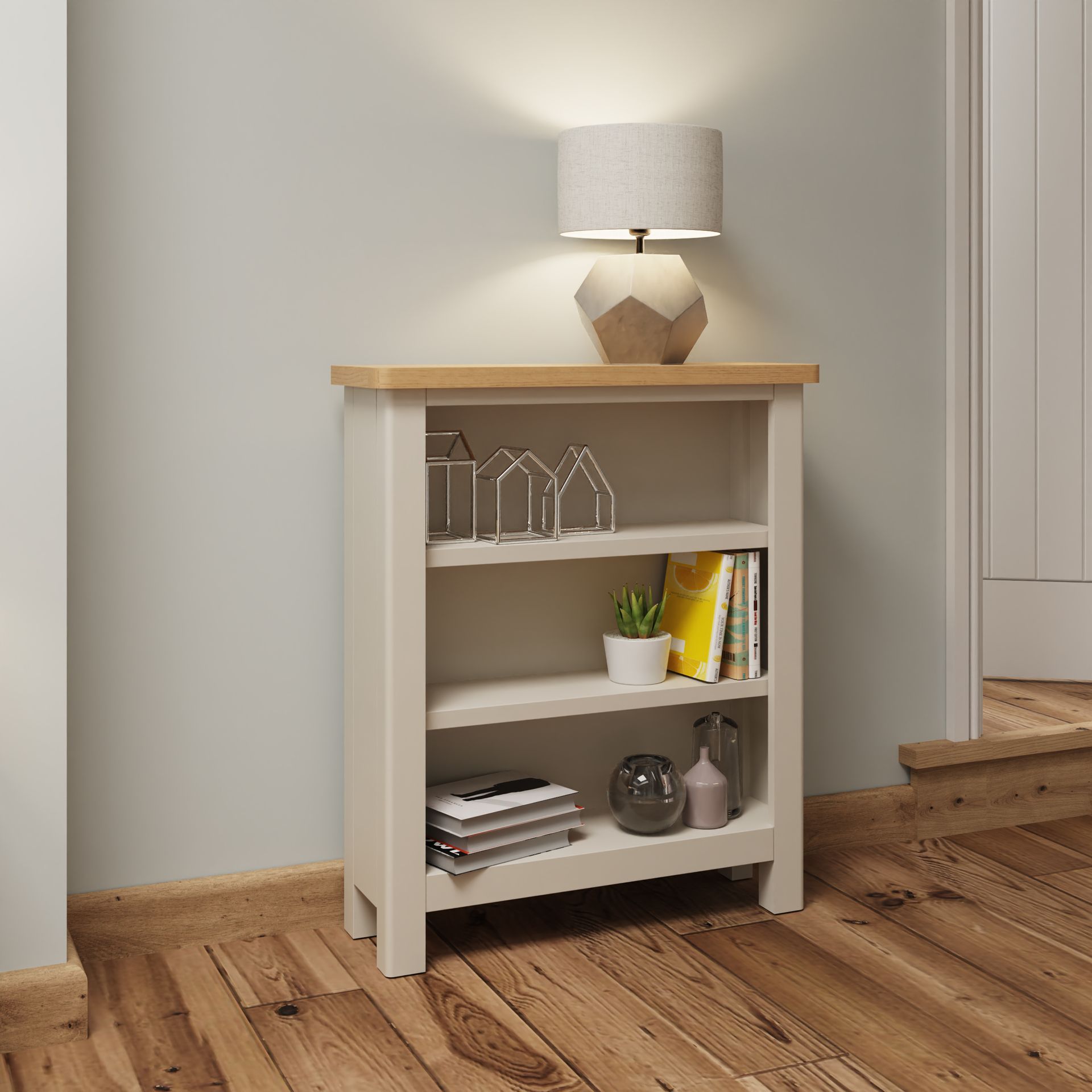 Warwick Oak Truffle Small Wide Bookcase