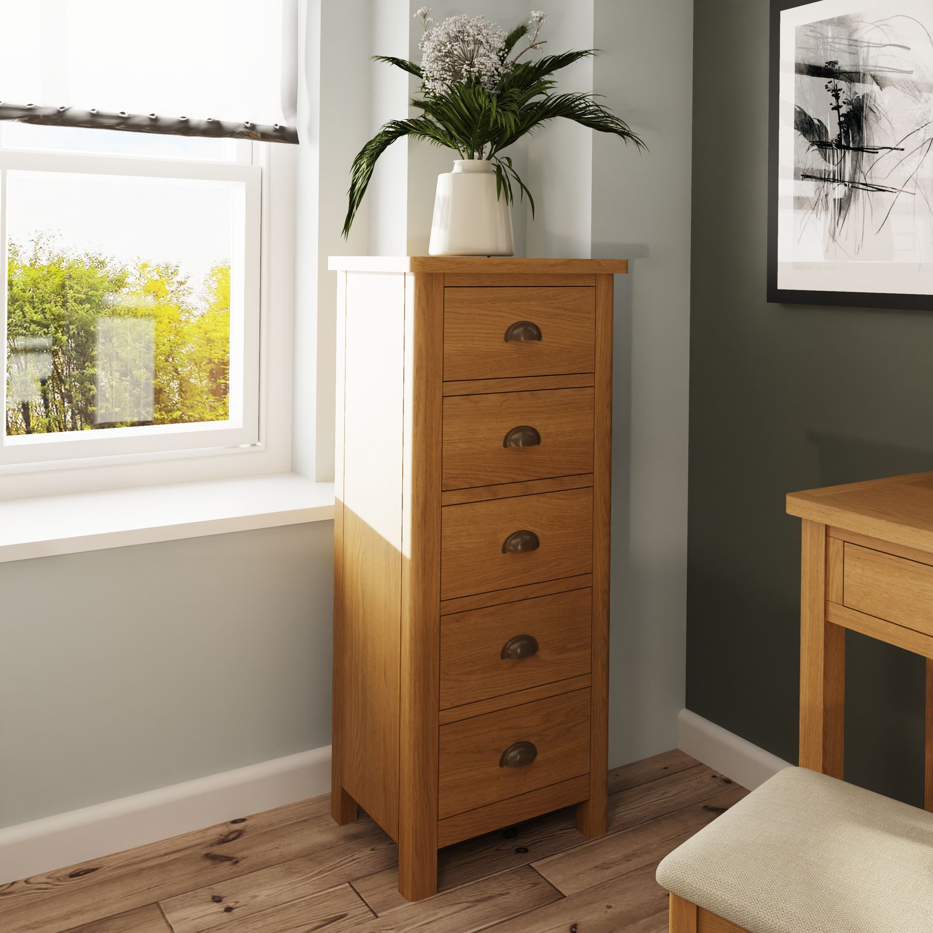Warwick Oak 5 Drawer Narrow Chest
