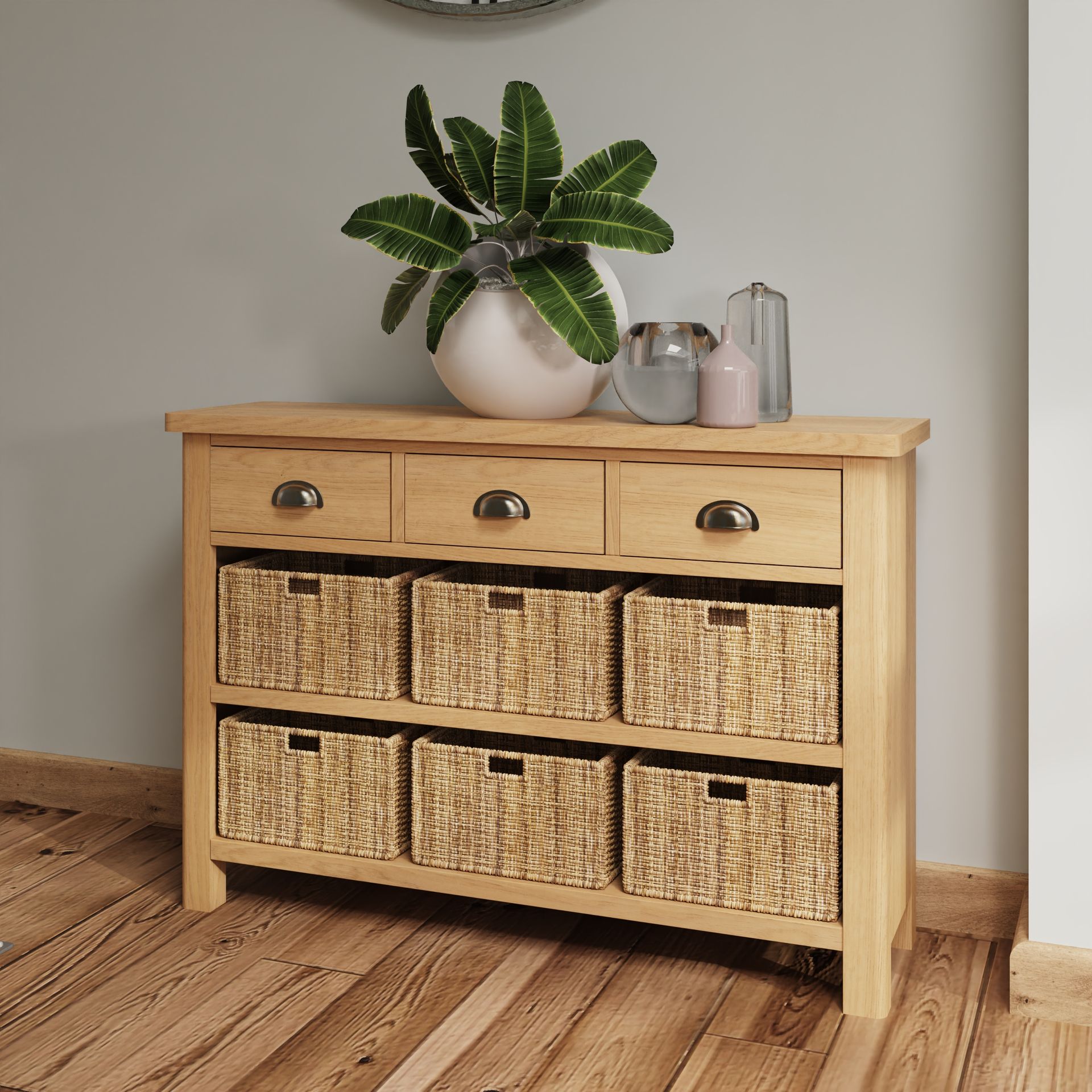 Warwick Oak 3 Drawer 6 Basket Unit