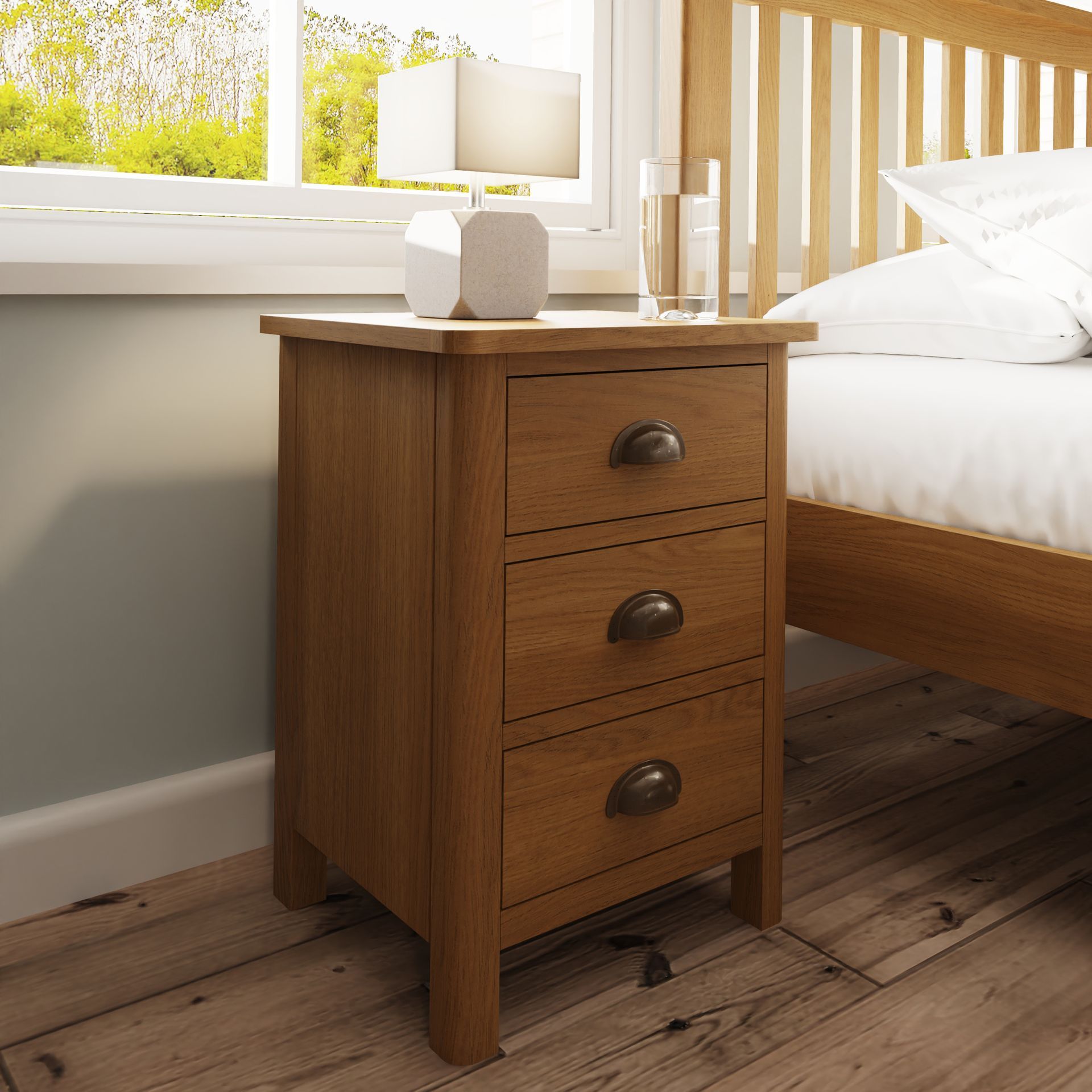 Warwick Oak 3 Drawer Bedside Cabinet
