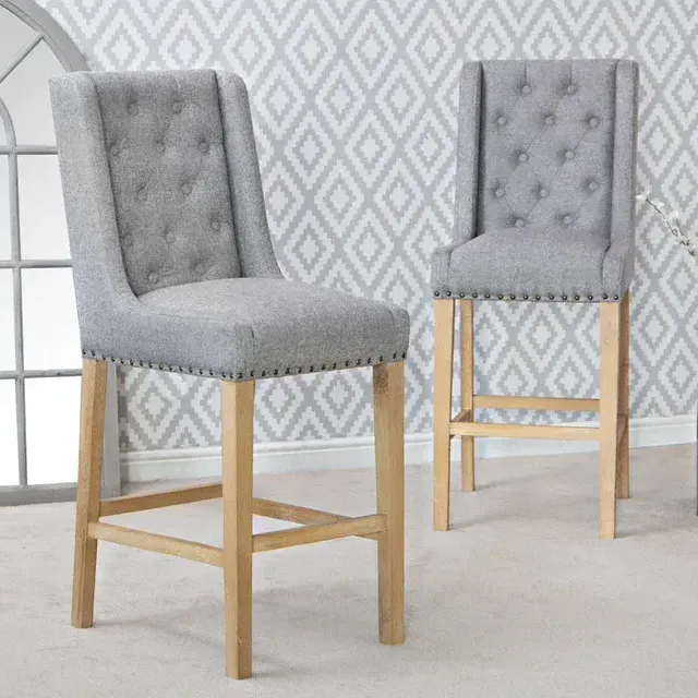 Button Back Stool with Studs Light Grey