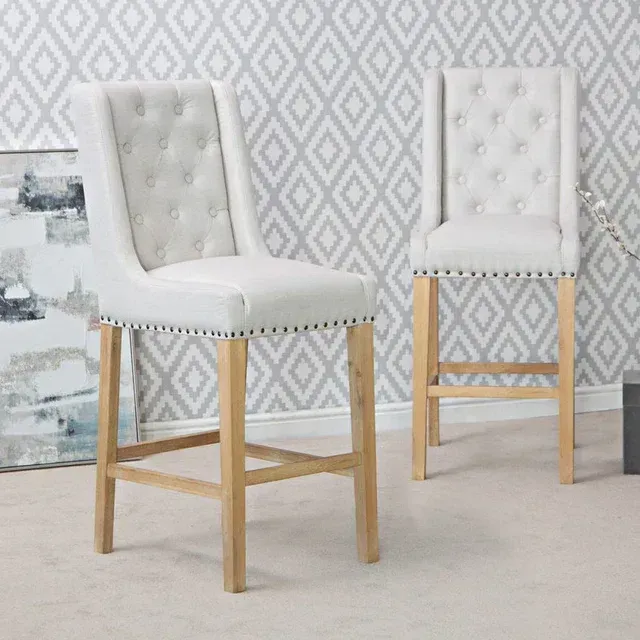 Button Back Stool with Studs Natural