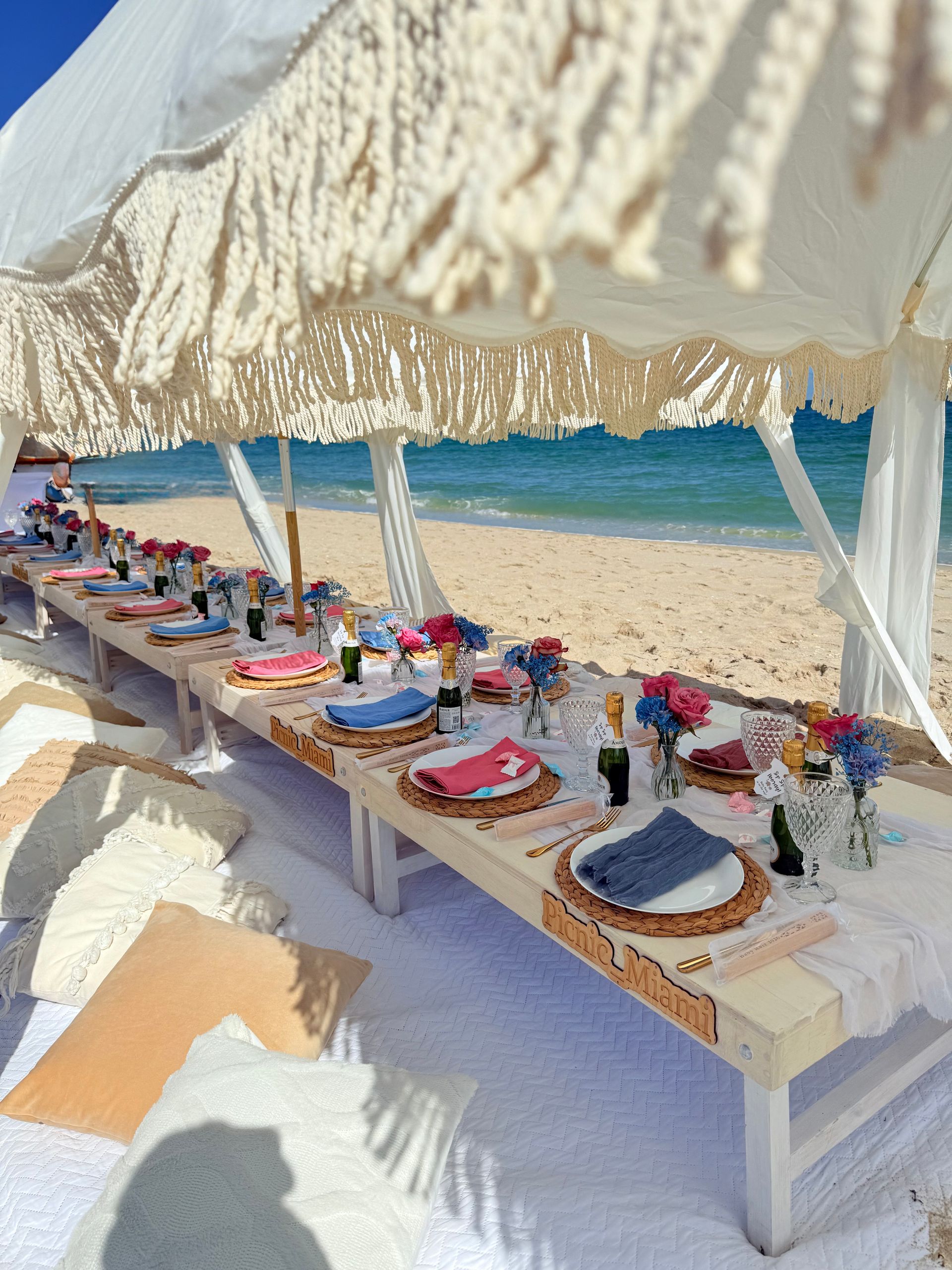 Beach picnic setup with long table, place settings, and macrame canopy.