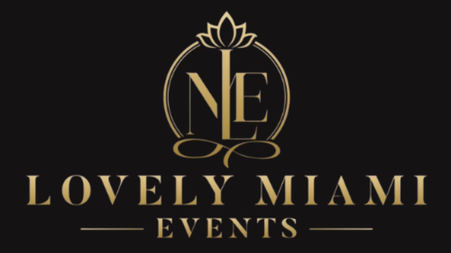 Logo for Lovely Miami Events, gold text on black. Features entwined letters 