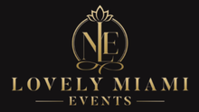 Logo for Lovely Miami Events, gold text on black. Features entwined letters