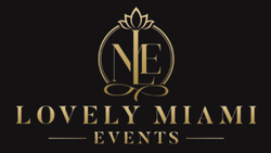 Logo for Lovely Miami Events, gold text on black. Features entwined letters