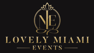 Logo for Lovely Miami Events: gold text on black background, with a floral emblem above text.