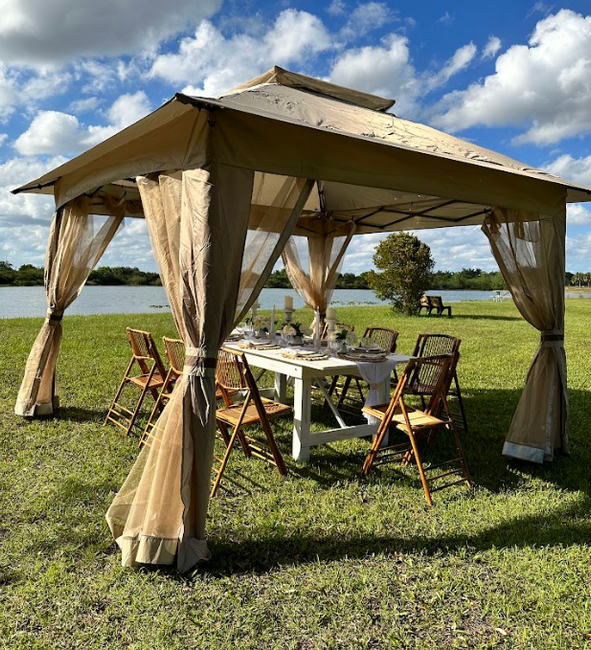 Gazebo with table and chairs set up on grass near a lake.