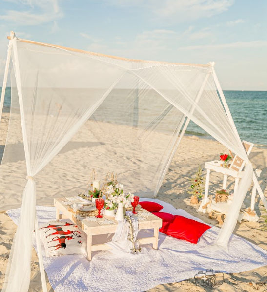 Beach picnic setup with white canopy, low table, red pillows, flowers, and ocean in the background.