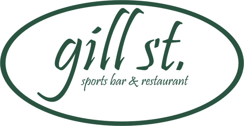 Gill st. sports bar & restaurant logo in green script inside an oval border