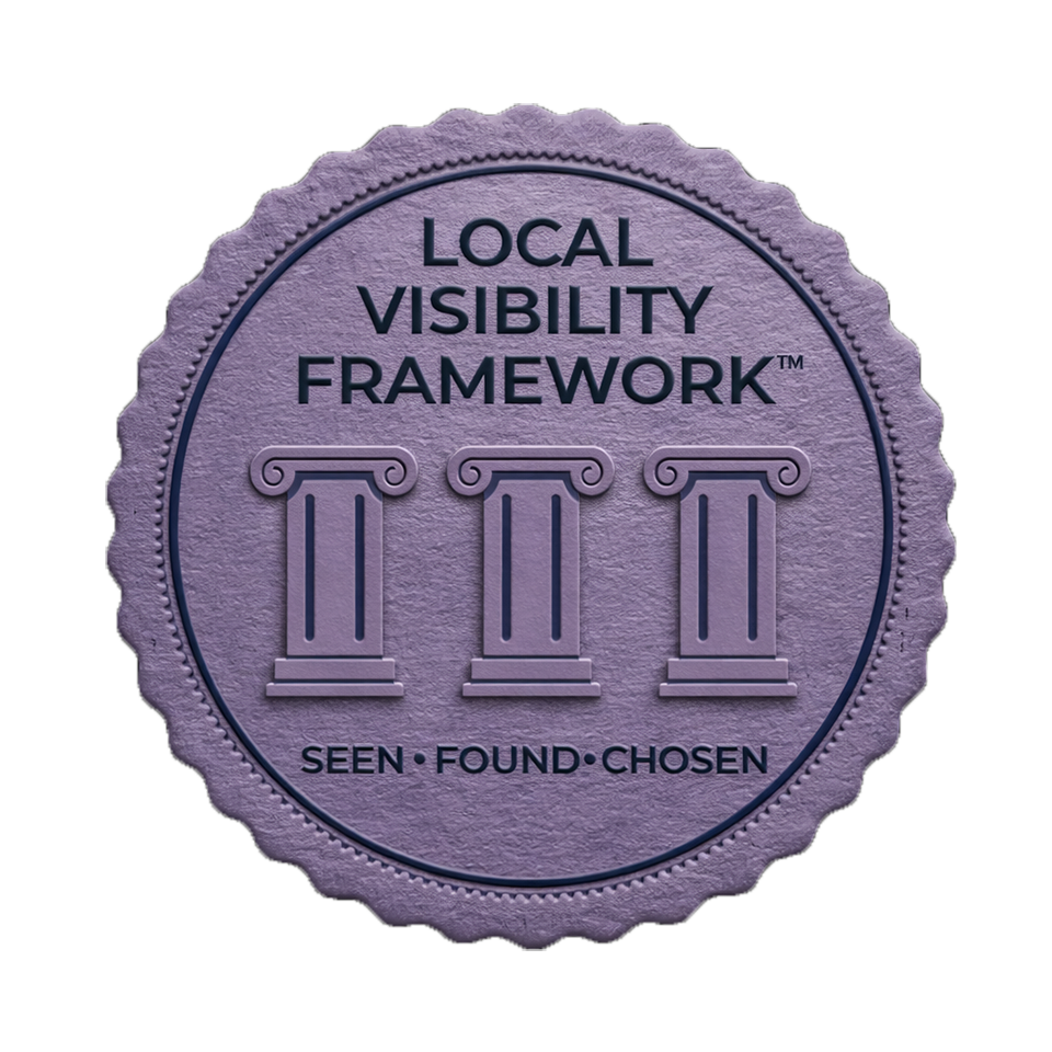 Purple badge reading “Local Visibility Framework” with three columns and “Seen • Found • Chosen” at the bottom