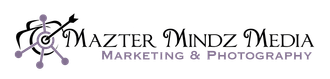Mazter Mindz Media logo with purple decorative text and a stylized film reel icon on a white background