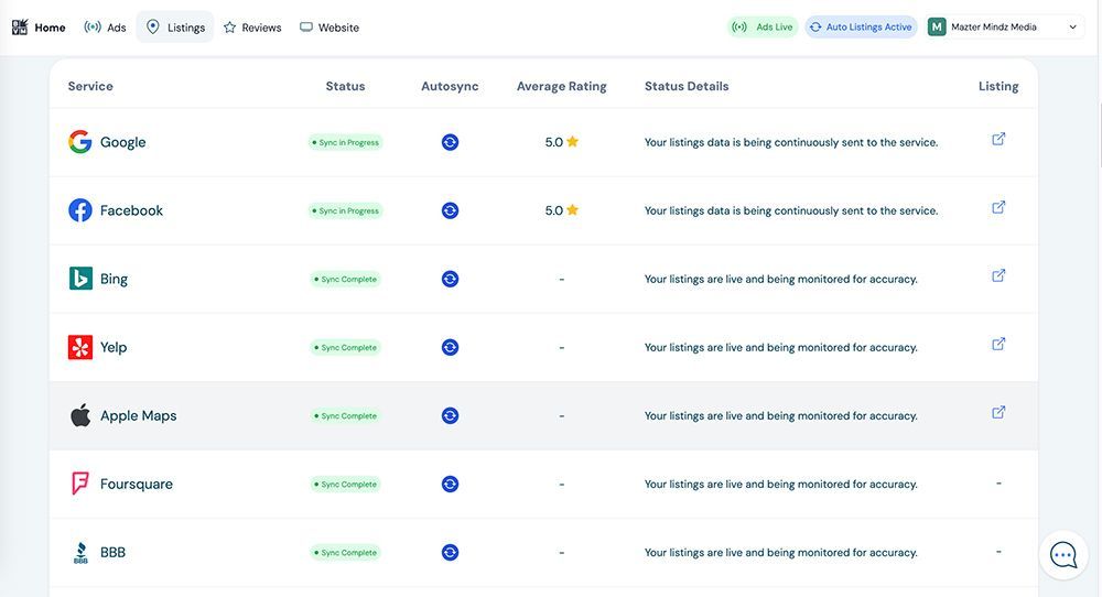 Dashboard showing a list of service integrations with status icons and monthly limits in a web app