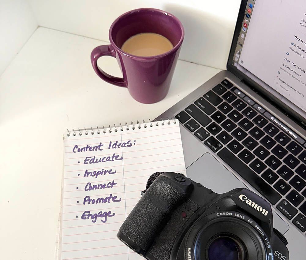 Desk with purple mug, notebook listing content ideas, Canon camera, and laptop keyboard