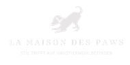 Ein weißes Logo mit der Silhouette eines Hundes darauf.