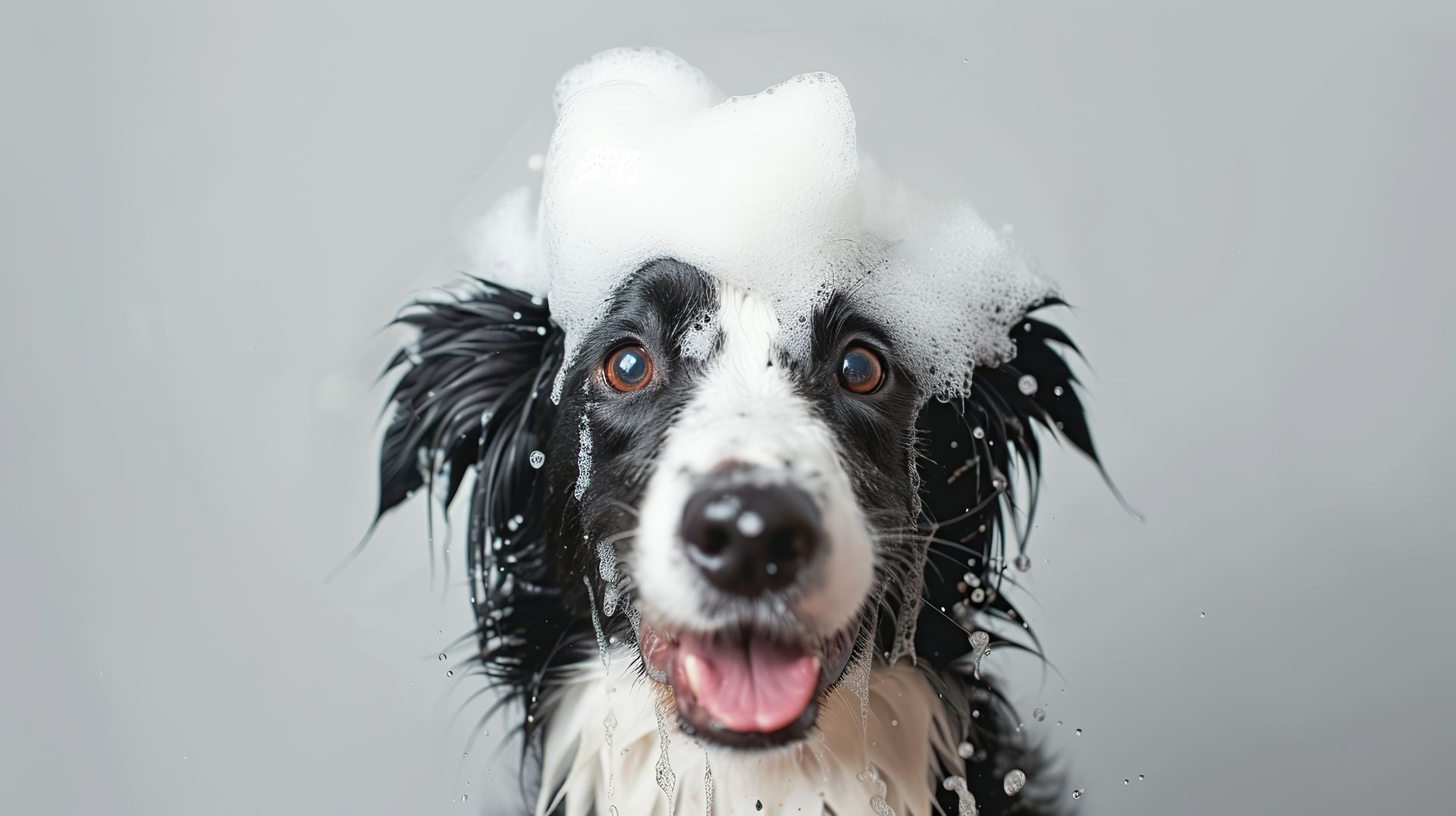 Ein schwarz-weißer Hund nimmt ein Bad und hat Schaum auf dem Kopf.