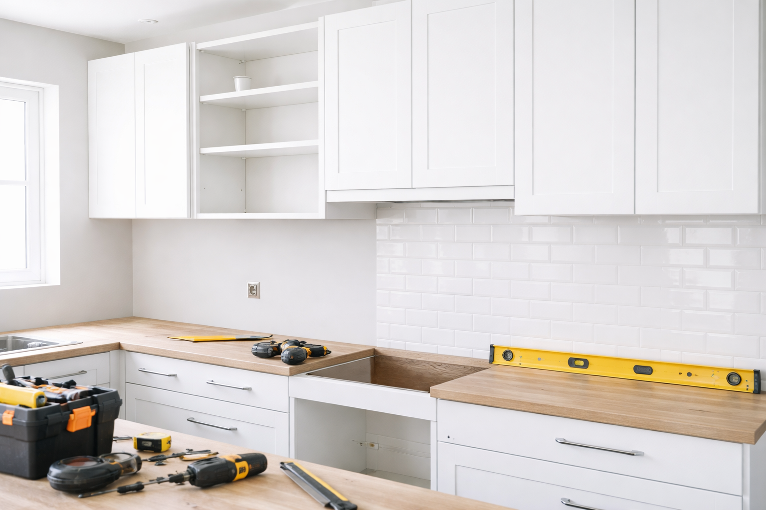 Modern white kitchen with island, stainless steel appliances, and large windows.