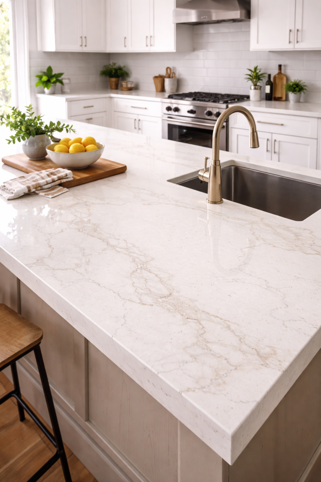 Kitchen with gray cabinets, marble countertops, stainless steel appliances, and a window overlooking greenery.