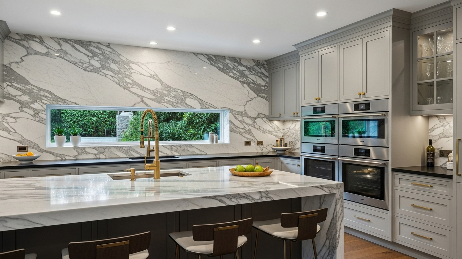 Kitchen with gray cabinets, marble countertops, stainless steel appliances, and a window overlooking greenery.