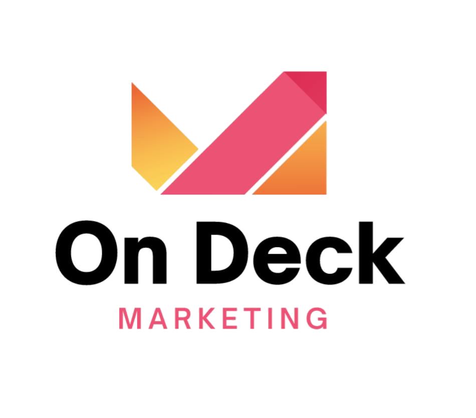 A logo for on deck marketing with a pink and orange m