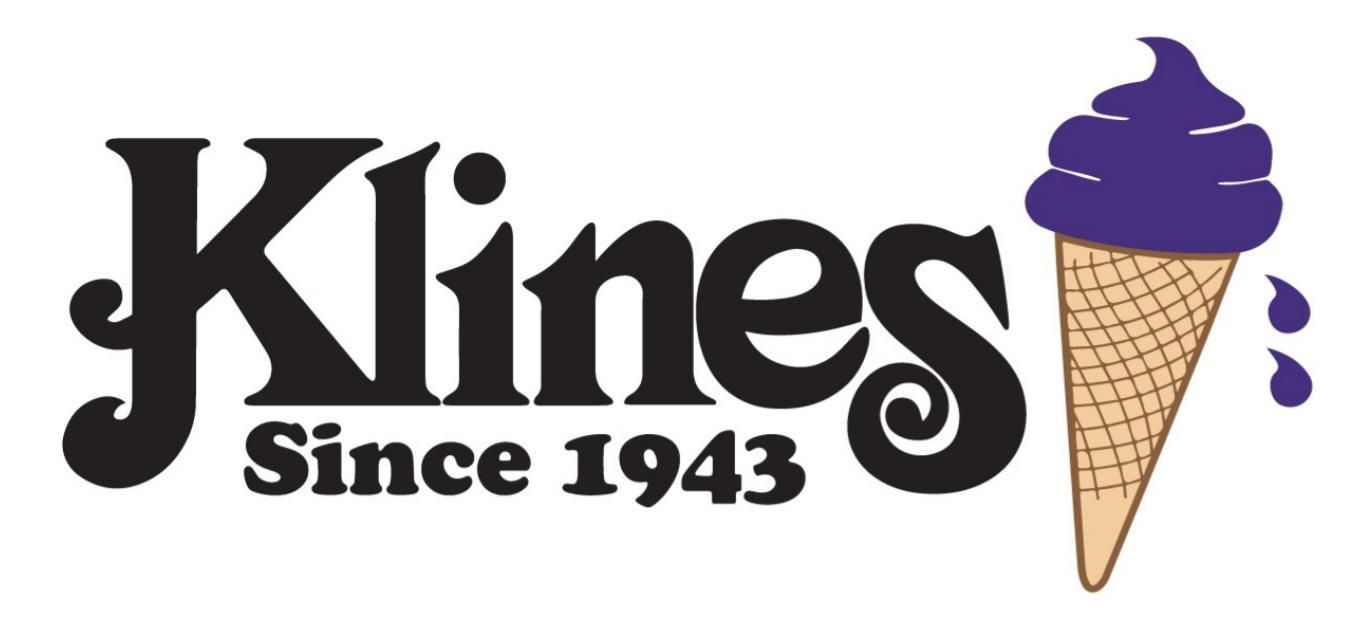 A logo for klines since 1943 with a purple ice cream cone
