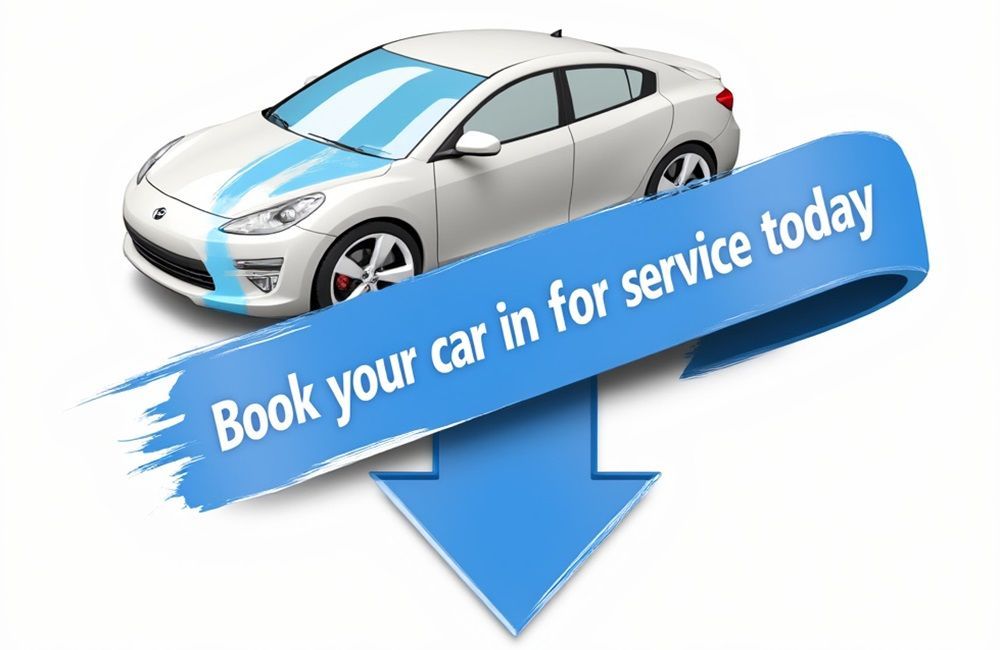 A white car with a blue arrow pointing down that says book your car in for service today