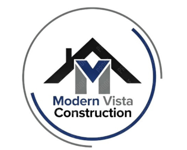 Logo for Modern Vista Construction: House silhouette over a stylized