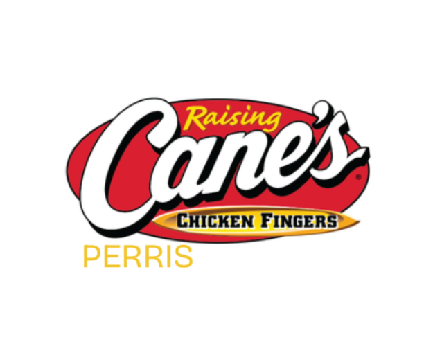 Raising Cane's restaurant logo in Perris, featuring a red oval with