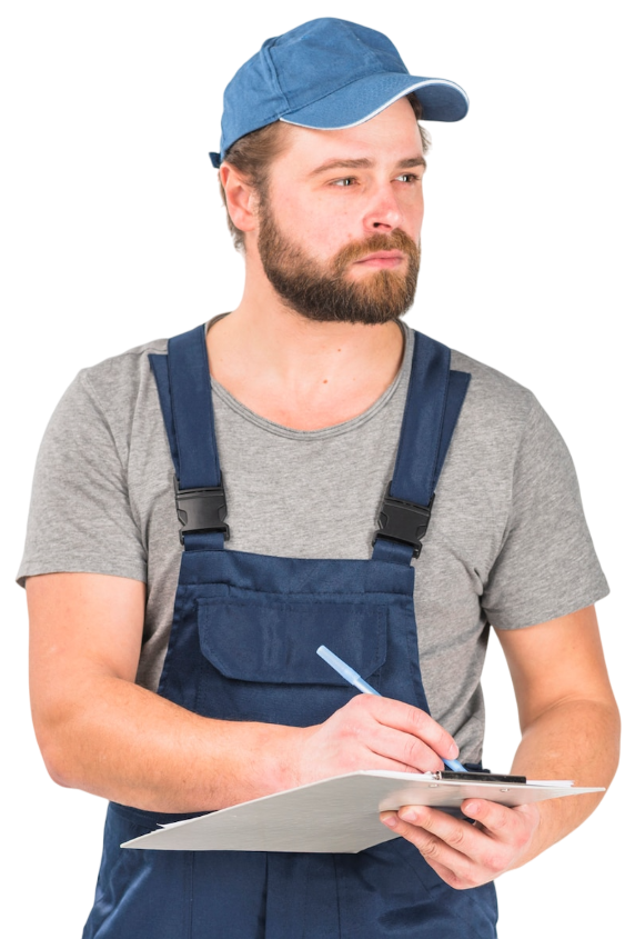 A man with a beard is holding a clipboard and writing on it.