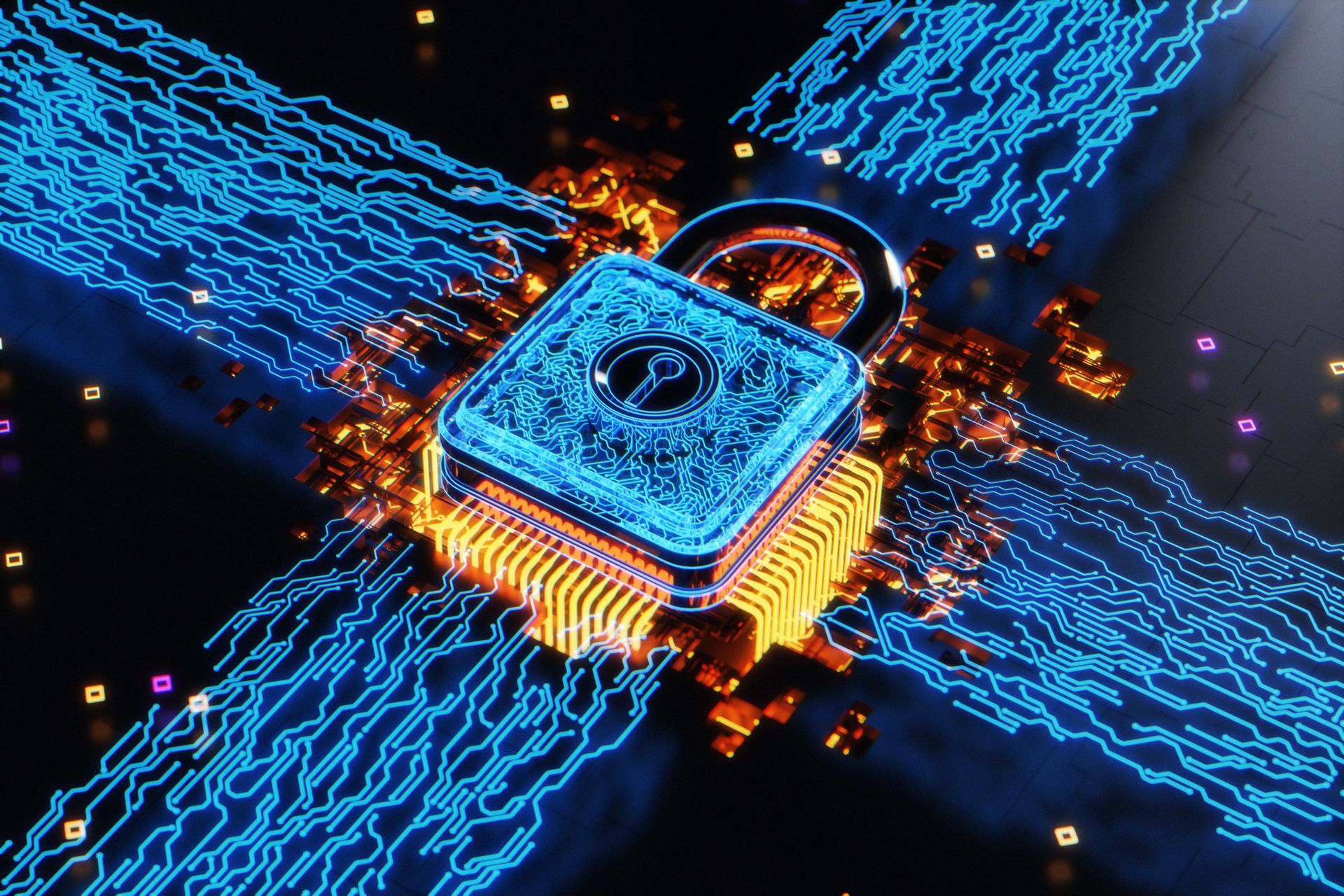 Security padlock and futuristic circuit board - Security Cameras, Security Systems