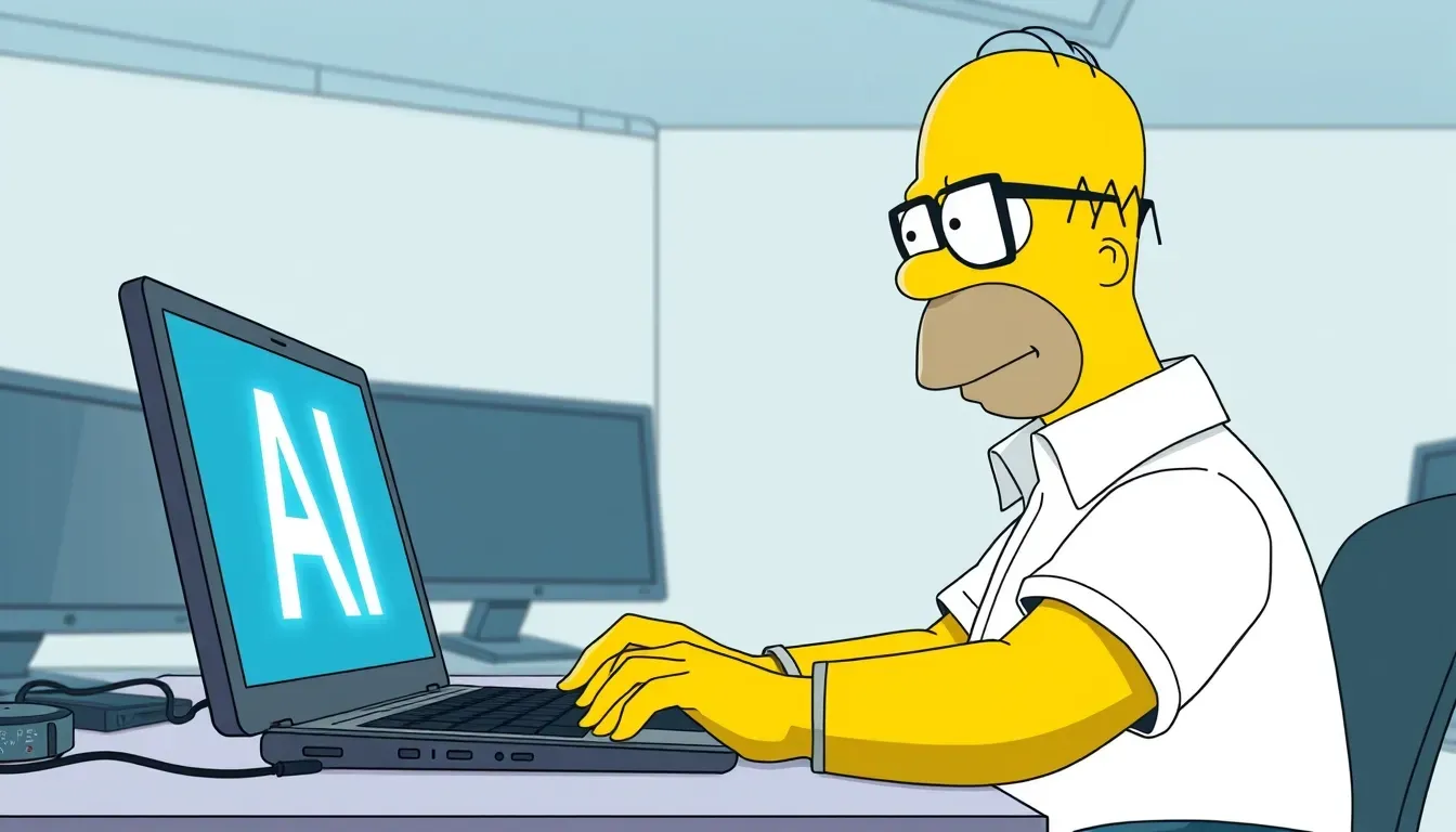 Homer Simpson escribe en una computadora portátil con la palabra 