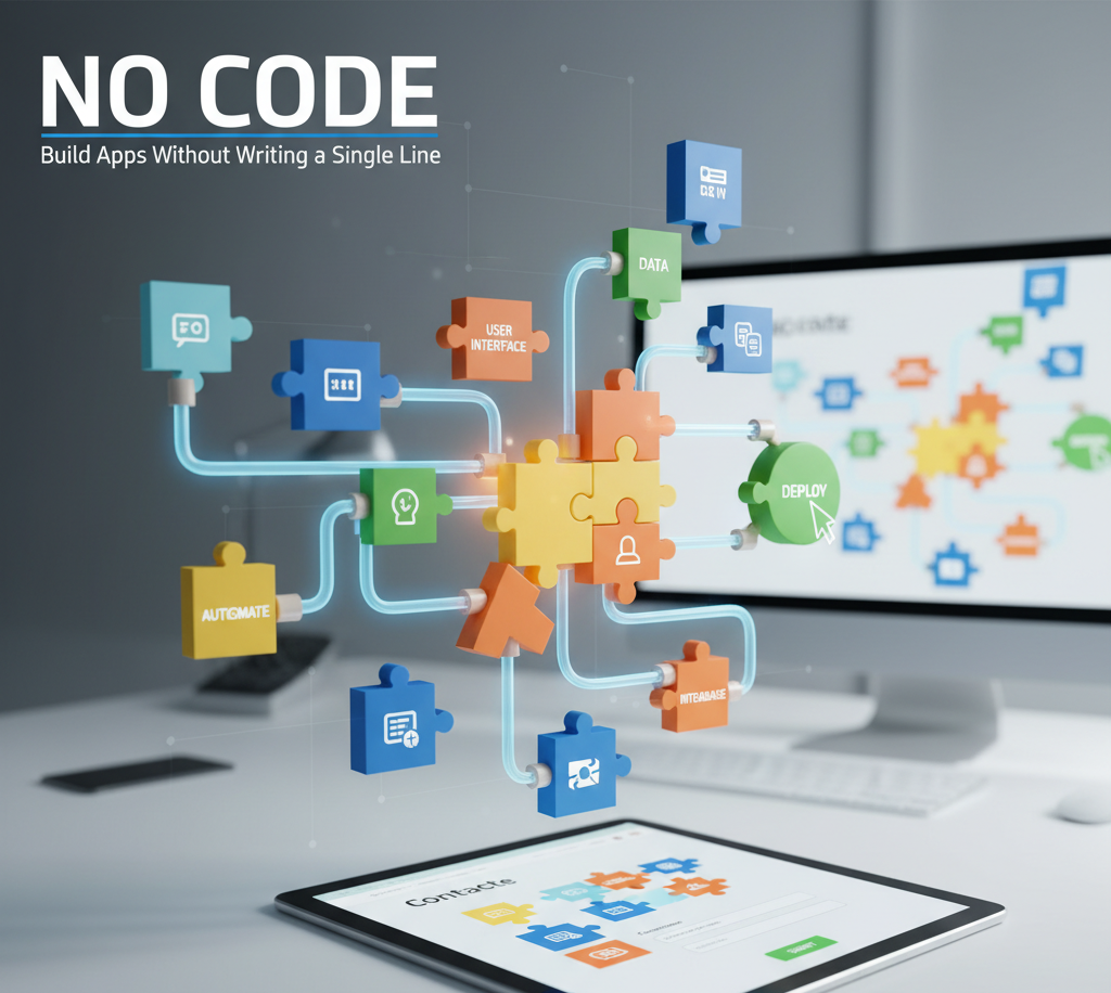 Concepto de desarrollo de aplicaciones sin código. Piezas de rompecabezas con iconos conectados por líneas brillantes, computadora de escritorio, tableta.