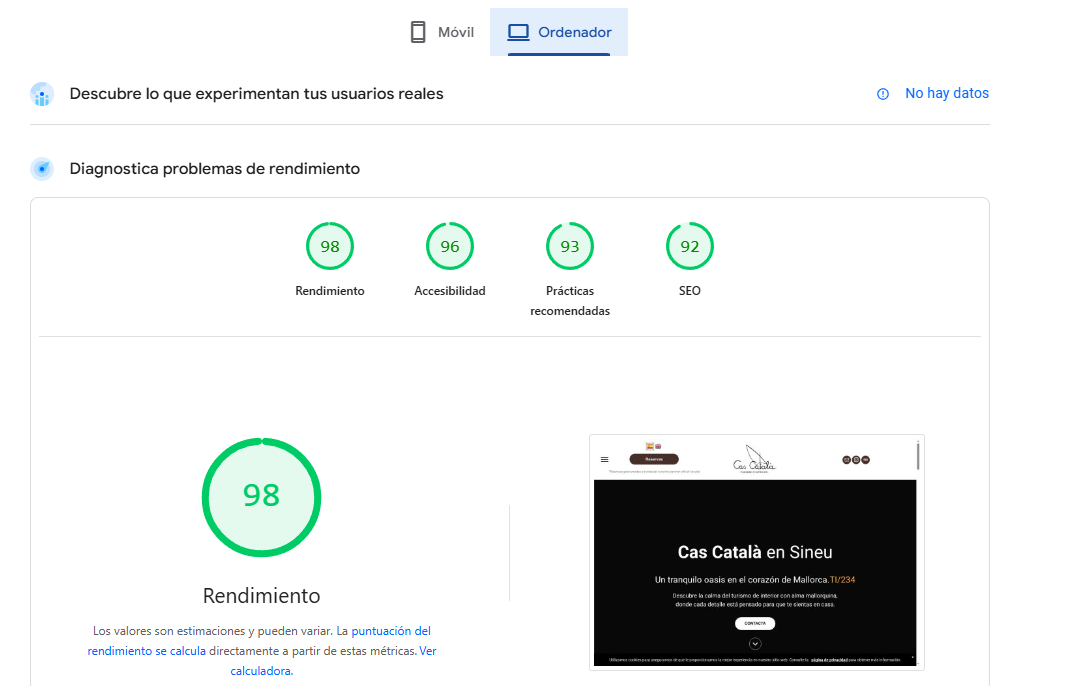 Panel de control con indicadores de progreso y vista previa del sitio web.
