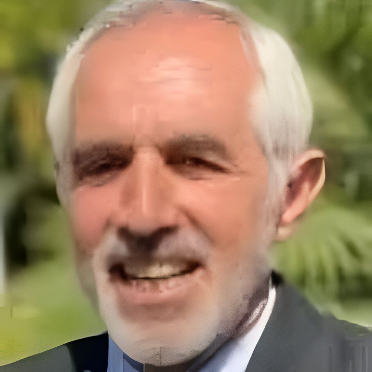 Un hombre con cabello y barba canosos sonríe, vistiendo traje y corbata, al aire libre con follaje de fondo.