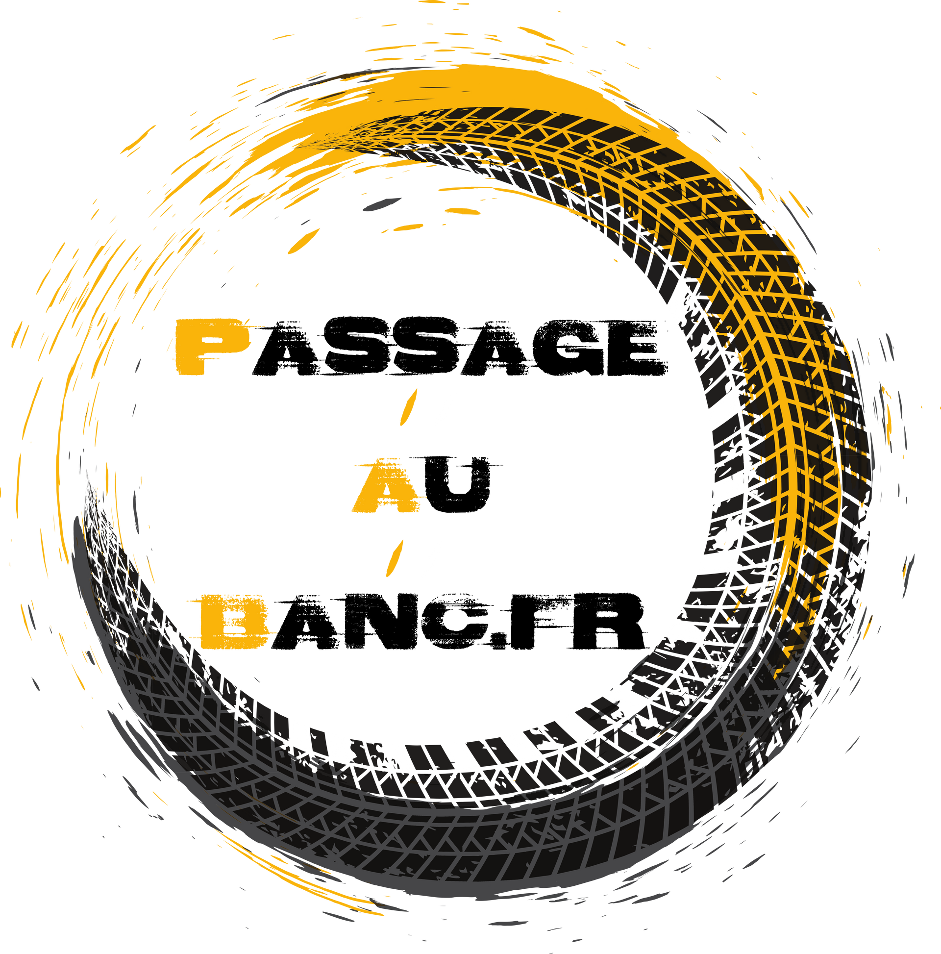 Logo : "PASSAGE AU BANC.FR" avec cercle trace de pneu en noir/jaune.