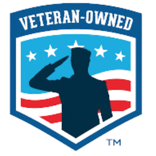 A veteran owned logo with a silhouette of a soldier saluting