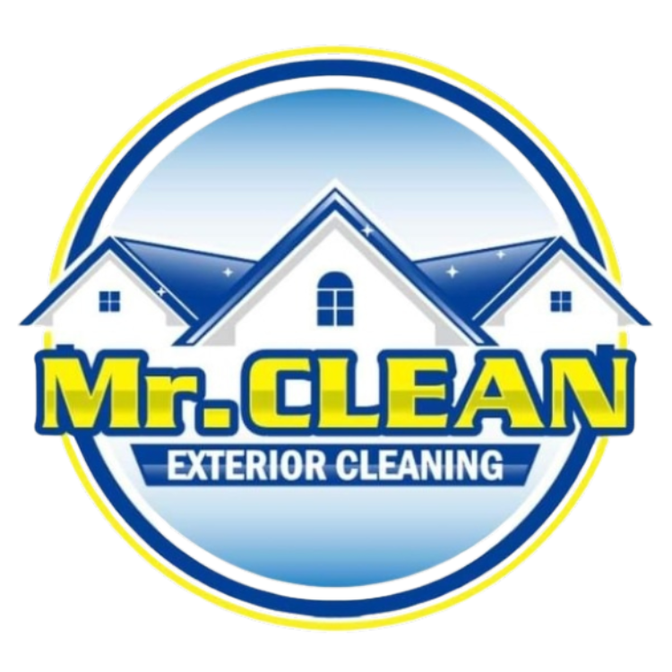 Logo for Mr. Clean Exterior Cleaning: white houses with blue roofs, yellow & blue lettering in a blue-and-yellow circle.