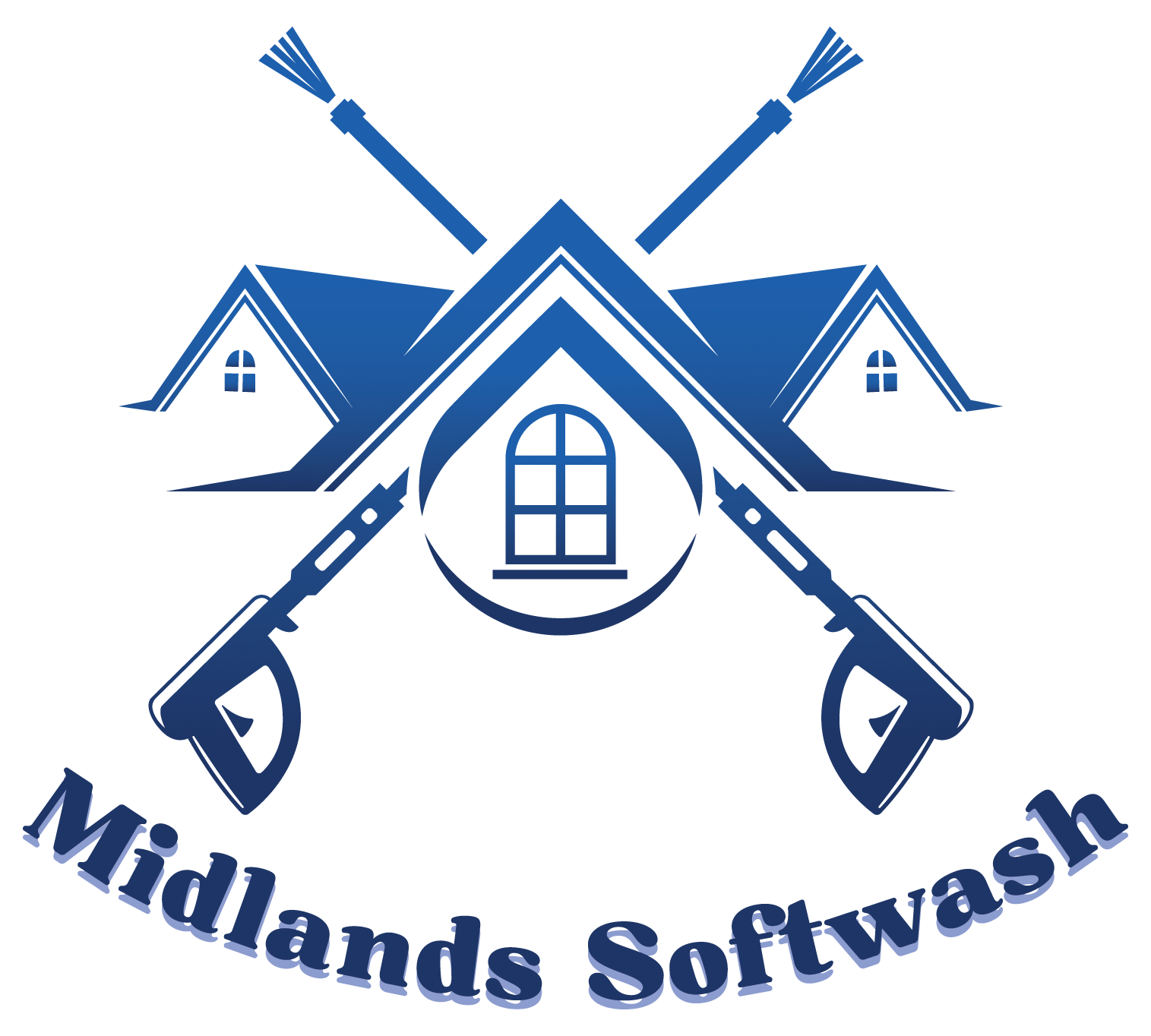 Logo for Midlands Softwash: Blue house silhouette with crossed pressure washers and spray wands, text below.