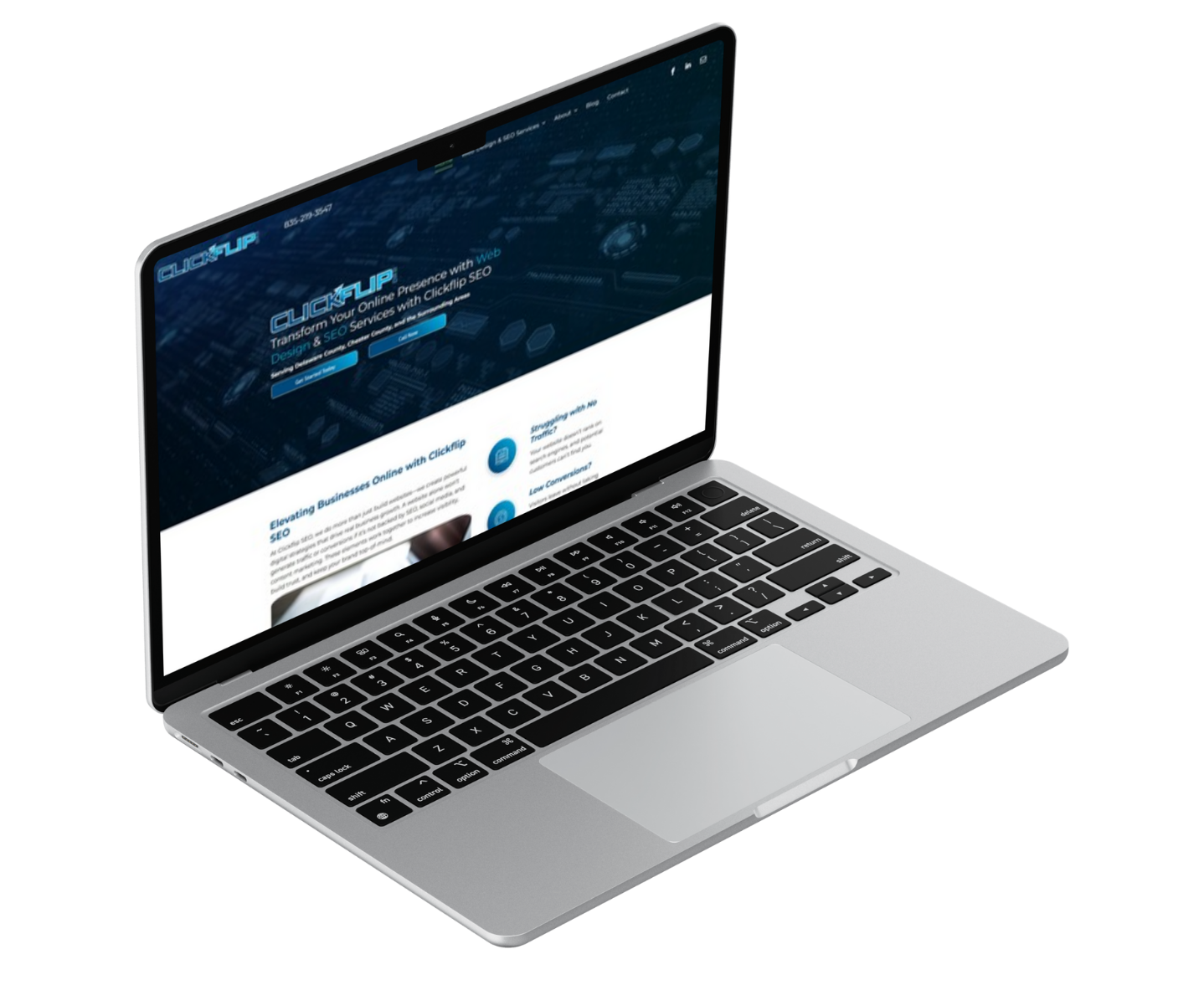 Laptop displaying a website with blue and white design.
