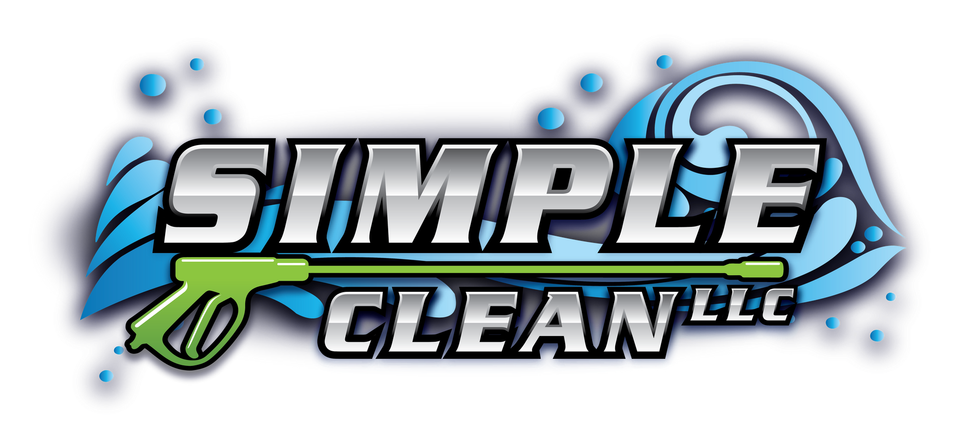 Logo for Simple Clean LLC: silver text, green power washer, blue water splash.